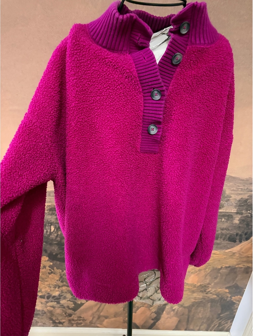 LOFT Magenta Pink Sherpa Fleece Button Mock Neck Pullover Sweatshirt Size XL